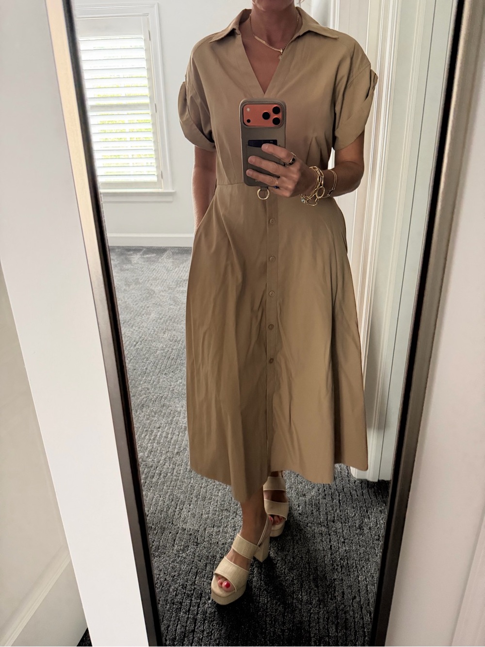 Brochu Walker Tan Button-Front Midi Shirt Dress